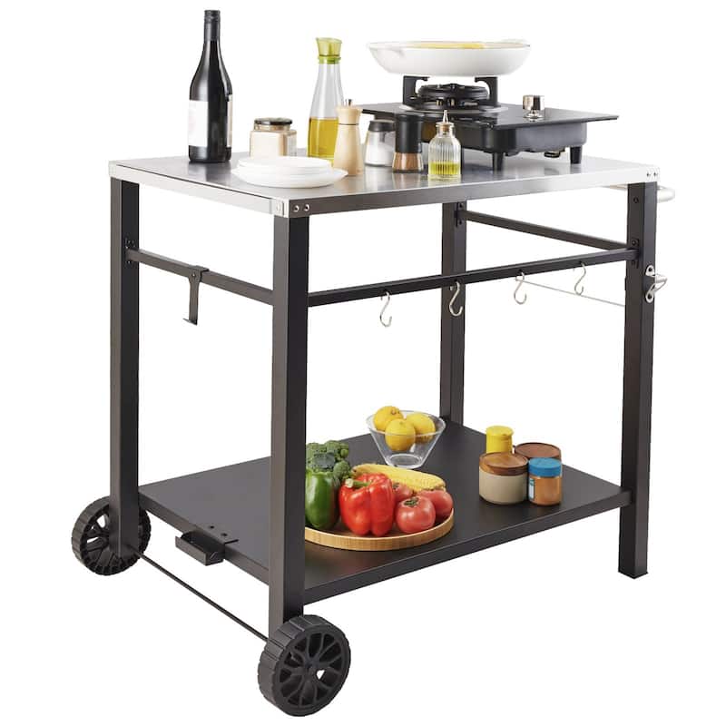 Multifunctional Stainless Steel Outdoor Grill Dining Cart with Double Shelf and Blow Molded Wheels - 39.37 x 25.19 x 32.87 inch