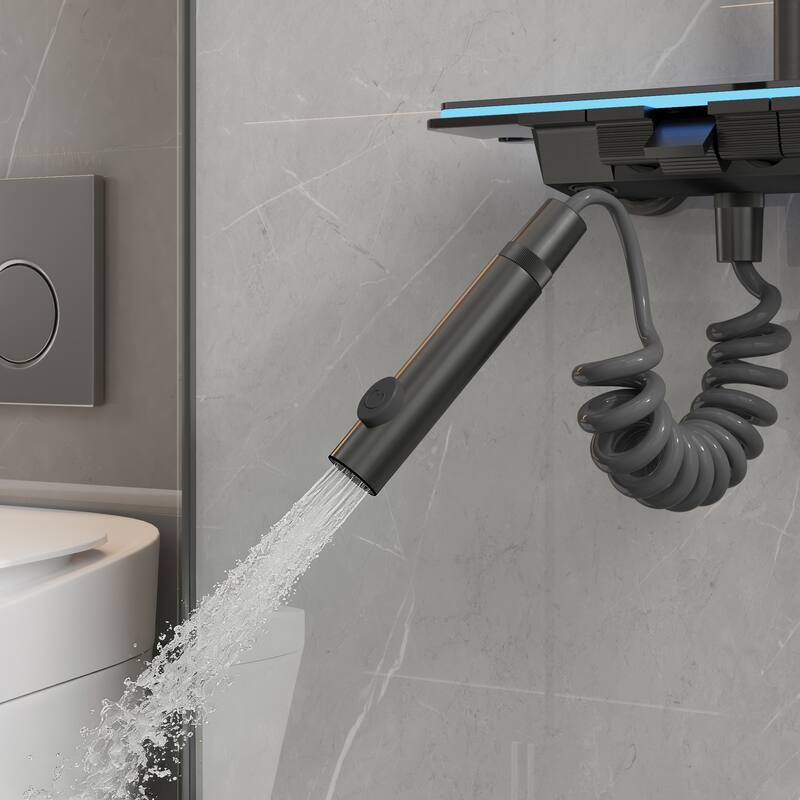 4-In-1 Rainfall Shower System with LED Temperature Display, Gunmetal Gray Shower Faucet Set with Handheld Shower, Spray Gun