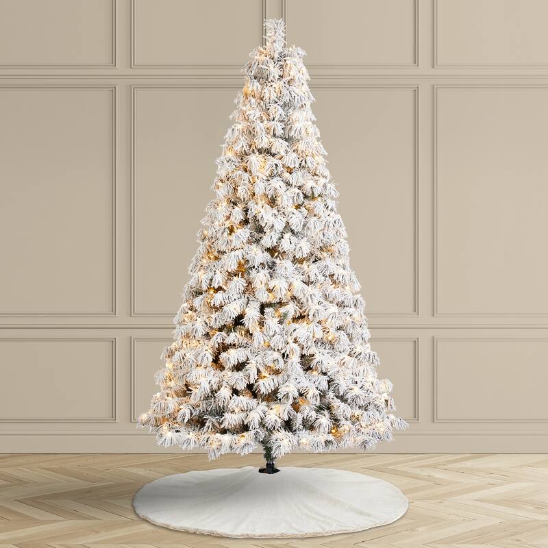 Glitzhome 7.5ft/9ft Pre-Lit Flocked Full Spruce Artificial Christmas Tree with C3 Lights Foot Switch