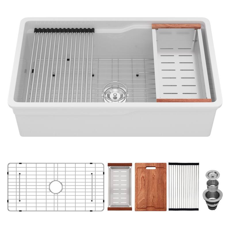 Undermount Workstation Single Bowl Porcelain Fireclay Kitchen Sink - Dual Mount White Fireclay Rectangular Deep Single Bowl