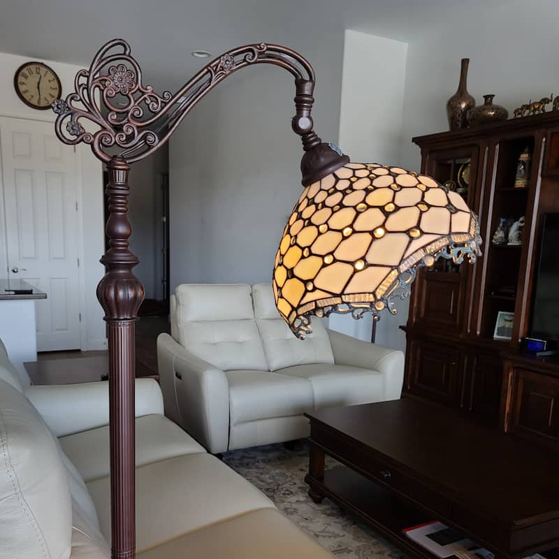 Tiffany Style Floor Lamp Jeweled Jagged Edge Arched 62" Tall Stained Glass White Bedroom Reading Amora Lighting