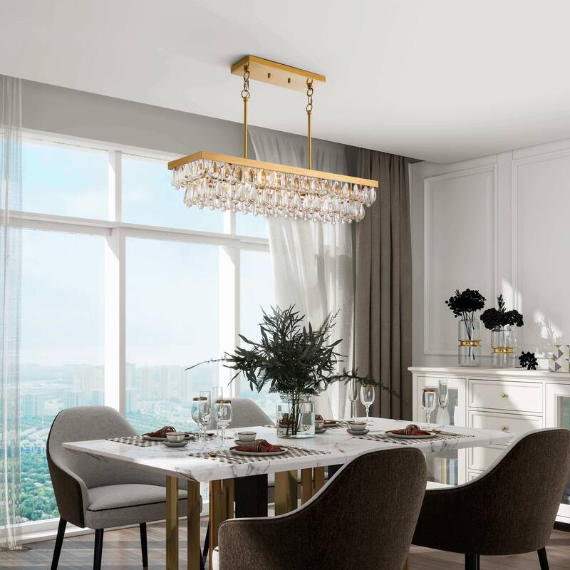 Viviana Brushed Brass 6-light Crystal Teardrop Rectangle Chandelier - 30"L x 8.7"W x 6"H