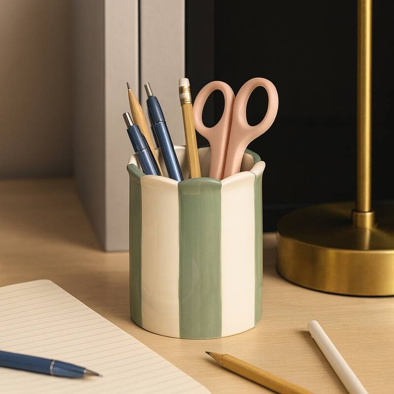 Boho Striped Ceramic Storage Container with Scalloped Rim - 4" - Green