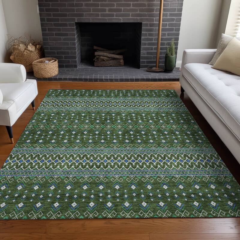 Machine Washable Indoor/ Outdoor Chantille Boho Morrocan Rug - Olive - 5' x 7'6"
