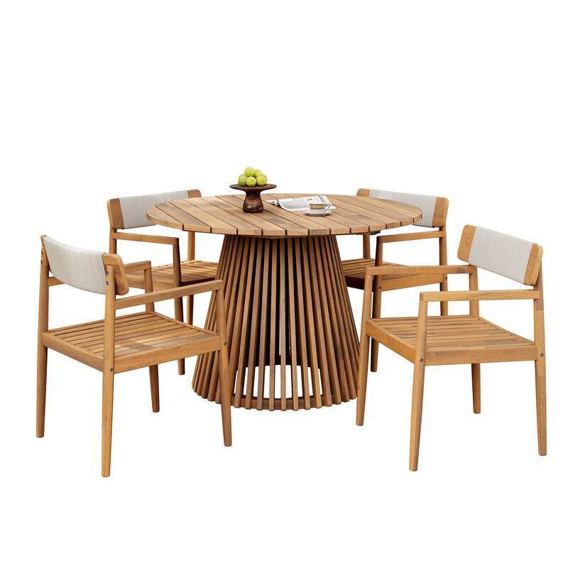 5 Pieces Patio Set Outdoor Acacia Wood Furniture Sets- Braided Dining Chairs Leisure Sets with Patio Dining Table
