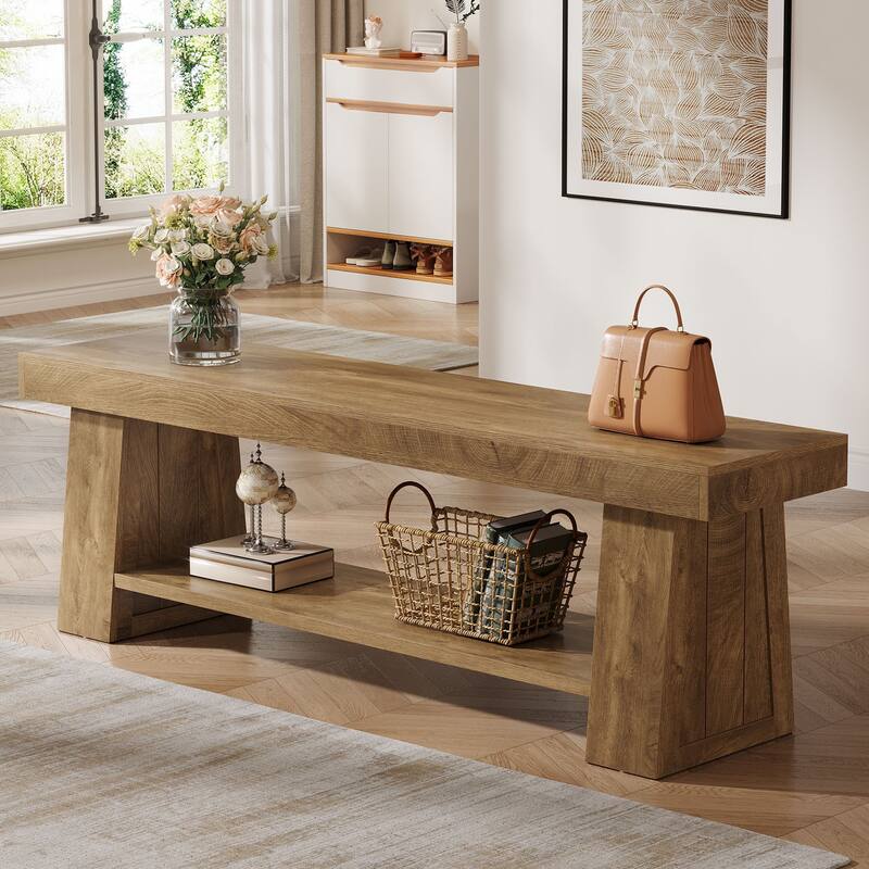 63" Wooden Entryway Bench with Storage Shelf, Extra Long Bench, Hallway Bench for Living Room, Bedroom, Kitchen