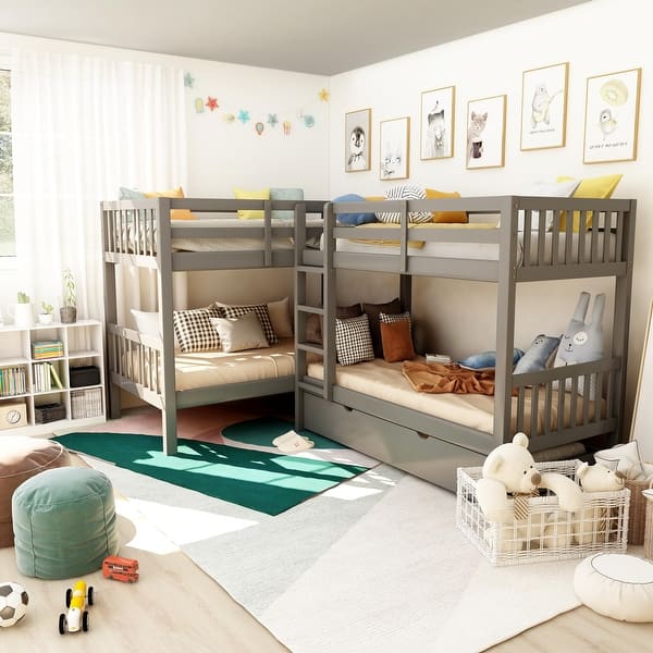slide 2 of 15, Jis Modern Twin over Twin Solid Wood L-shaped Bunk Bed by Furniture of America Grey