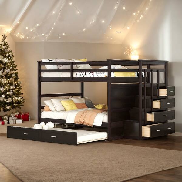 slide 2 of 15, Modern Full over Full Multifunctional Bunk Bed With Trundle And Staircase,Storage Drawers,Solid Construction Espresso