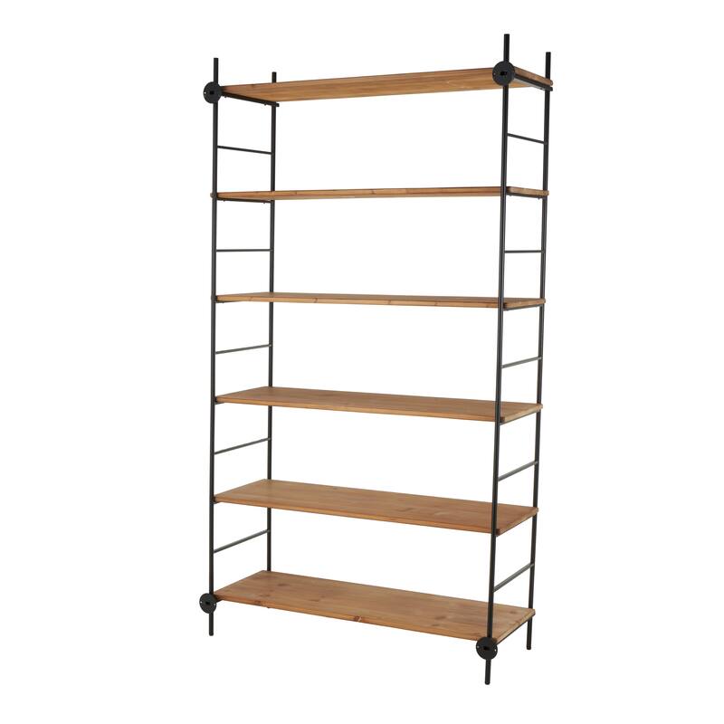 Wood Rectangular 6 Level Shelving Unit with Black Metal Ladder Frames - Brown - Roche River Decor