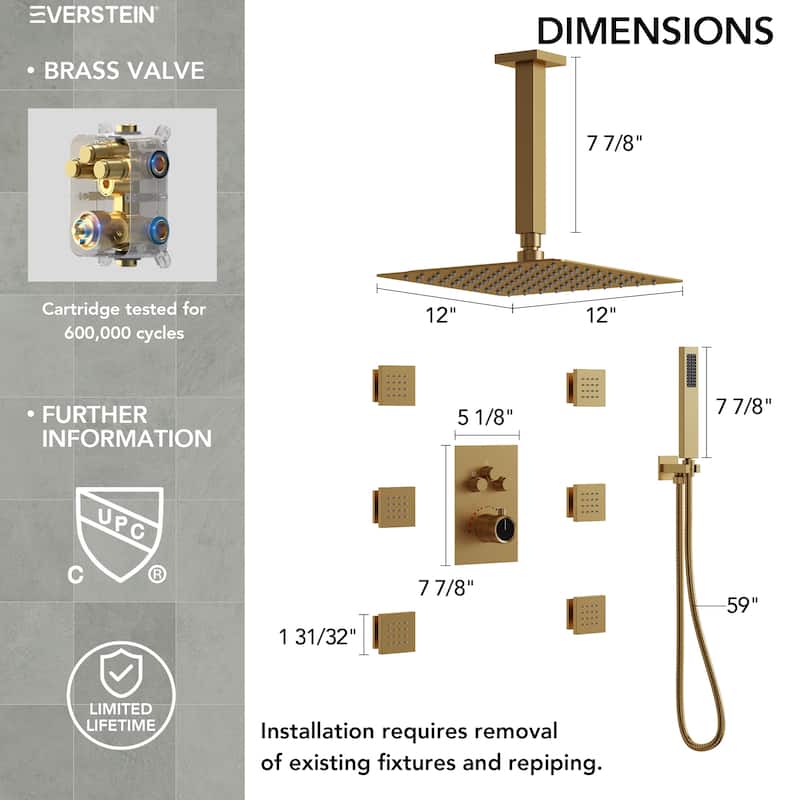 Shower System 12" Ceiling Rain Shower Head with 3-Way Thermostatic Faucet & Body Jets