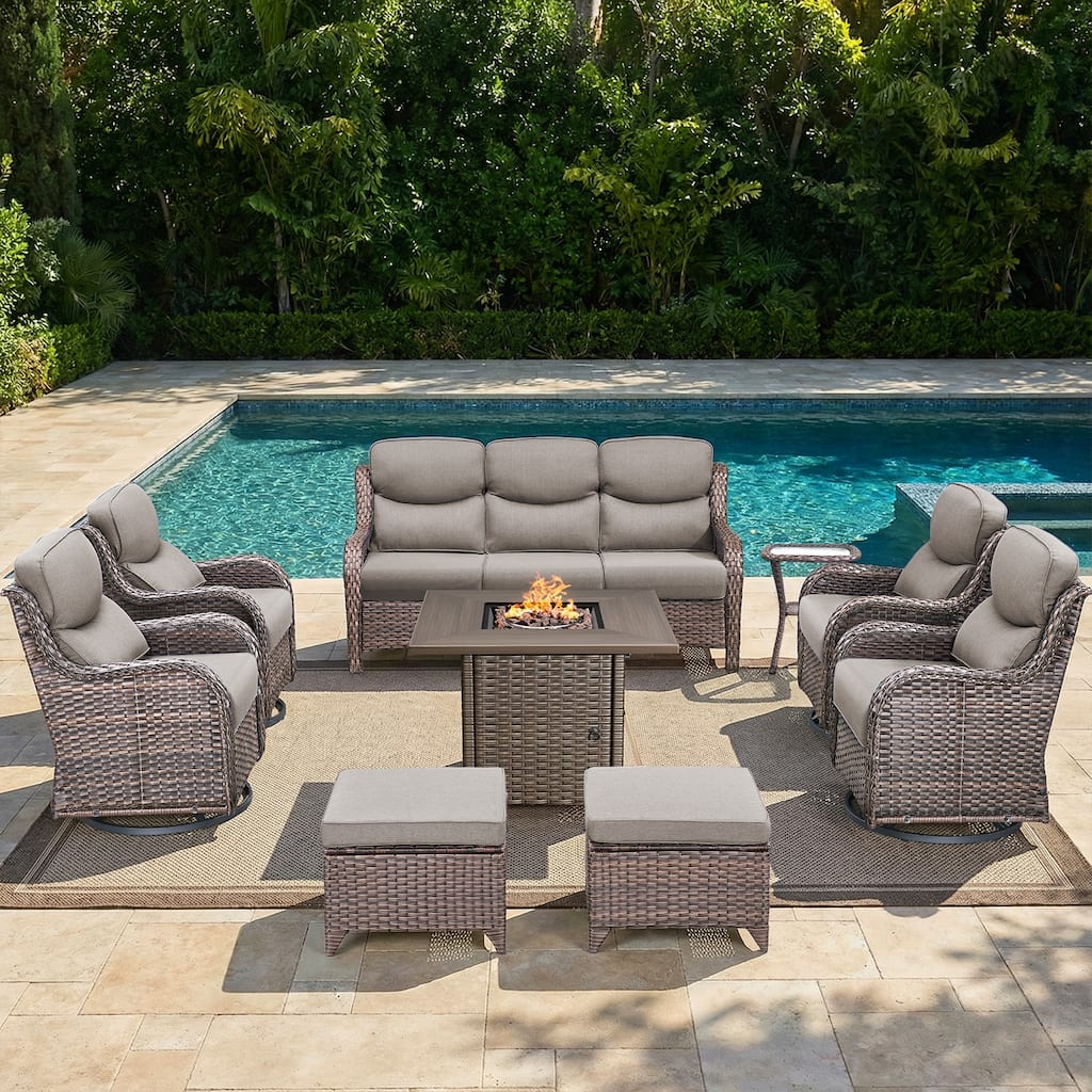 Pocassy Outdoor Propane Fire Pit Table with Sofa Swivel Chair Funiture Set.