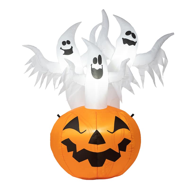 Glitzhome 6FT Lighted 3 Screaming Ghosts In Pumpkin Inflatable Decor