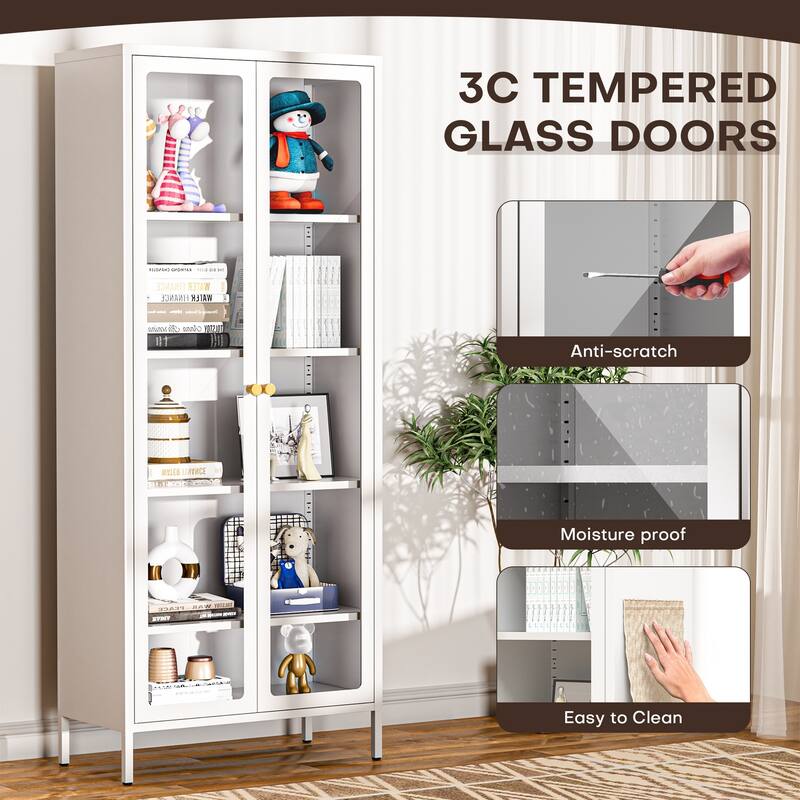 4/5-Tier Glass Curio Display Cabinet with Doors & Adjustable Storage Shelves