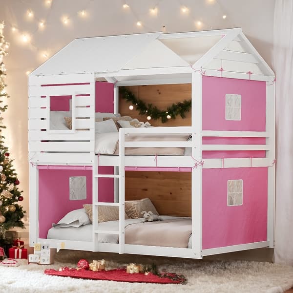 slide 2 of 10, Playhouse Design Full Size Bunk Wood House Bed with Tent, Pink+White Pink