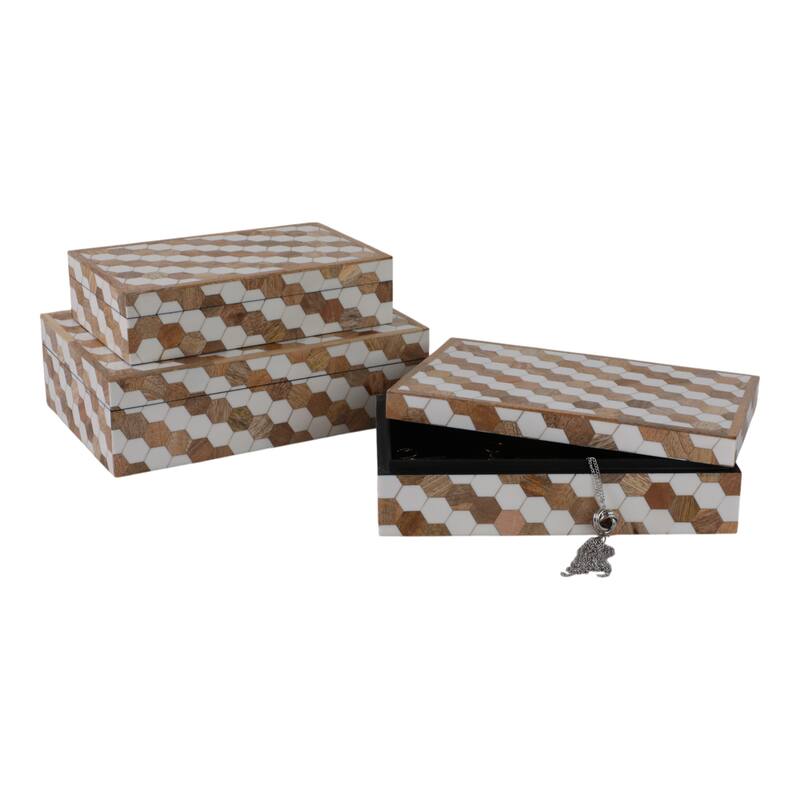 Wood Storage Boxes Geometric Inlay Modern Accent Decor (Set of 3) - 12" x 8" x 3.75"