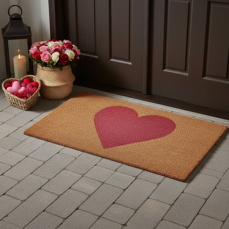 HomeRoots 24" X 48" Brown And Pink Heart Outdoor Coir Door Mat - 24.00' X '48.00 - 24.00' X '48.00