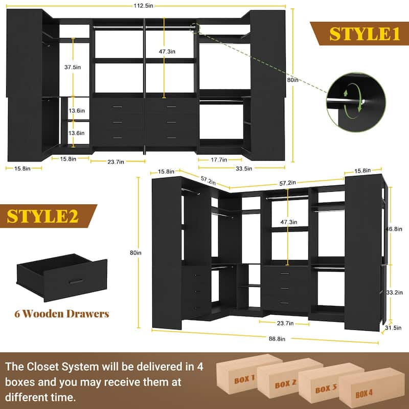 Cimly Set of 4 Closet Organizer with Drawers, U Shaped Freestanding Closet System