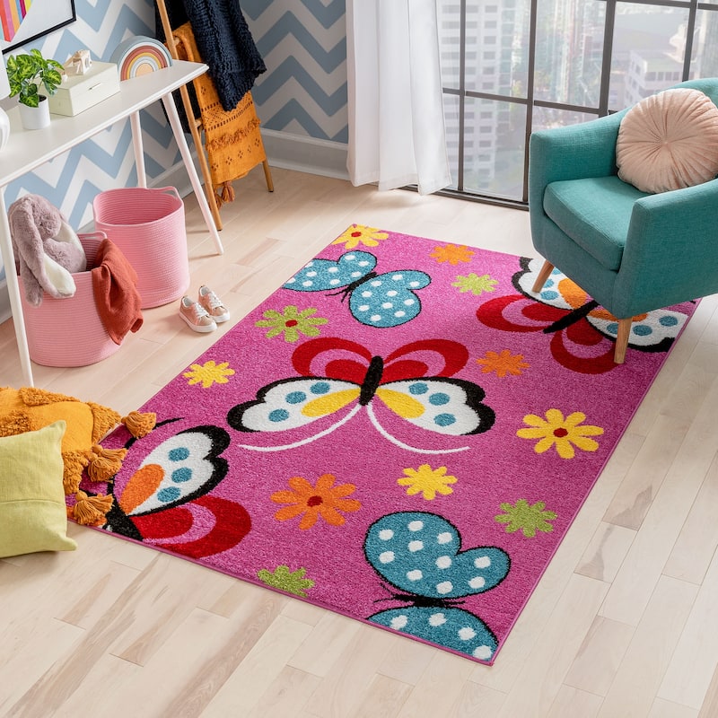Well Woven Starbright Daisy Butterflies Kids Area Rug