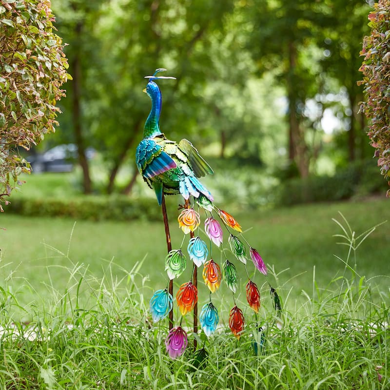 Glitzhome Metal Standing Peacock Garden Statue with Stakes for Indoor Outdoor