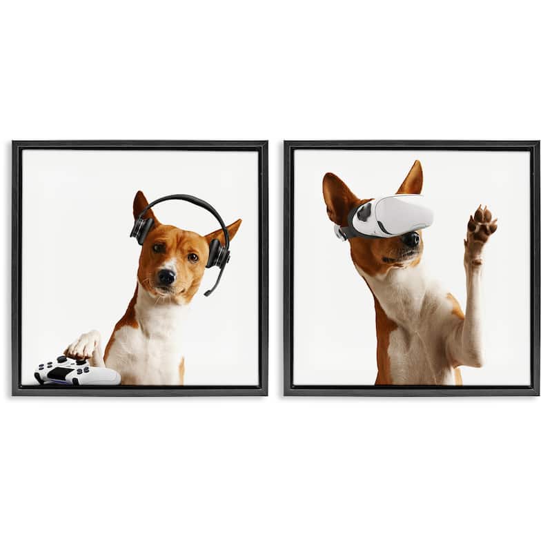 Stupell Video Game Dogs with VR Framed Floater Canvas Wall Art Design By CAD Design (Set of 2) - 25 x 25 - Black
