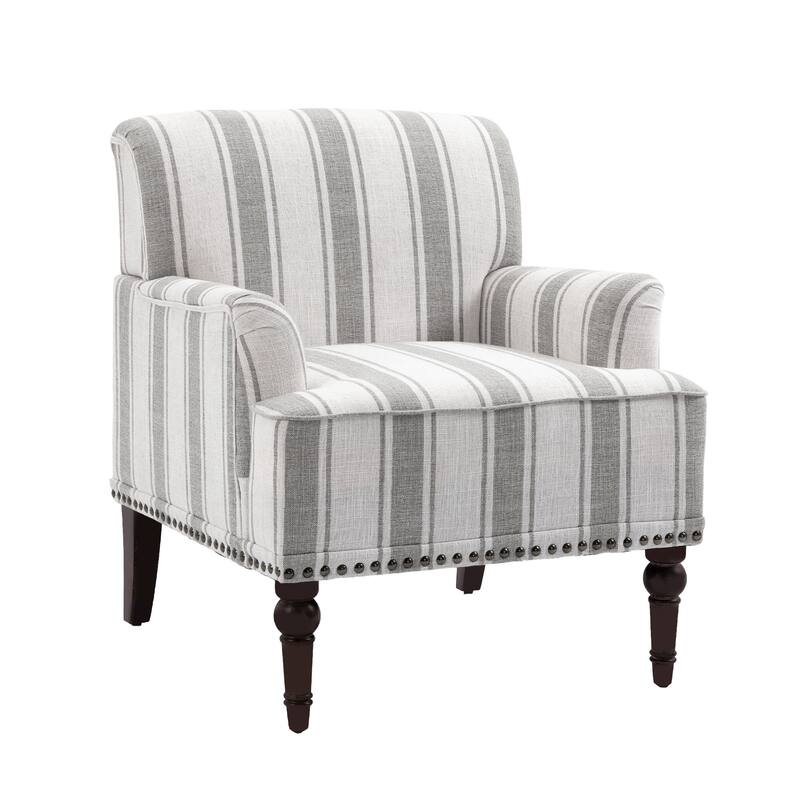 Set 2 Striped Upholstered Linen Armchair with Brass Nailhead Trim