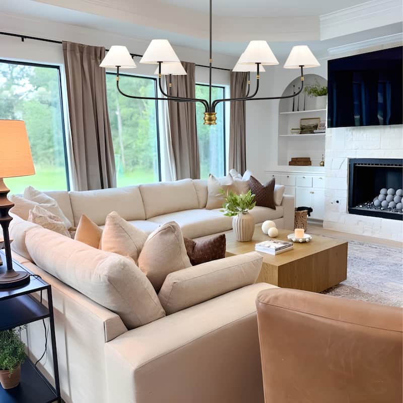 6-Light White Fabric Shade Chandelier- Black with Brushed Brass Accent