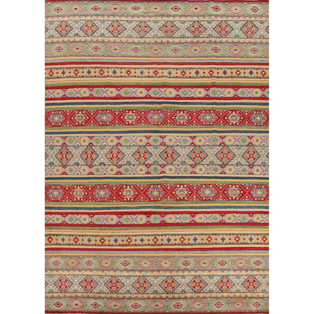 Hand Knotted Oriental 100% Wool Carpet Traditional Geometric Multi-Colored Kazak Area Rug - 12' 11'' X 9' 10''