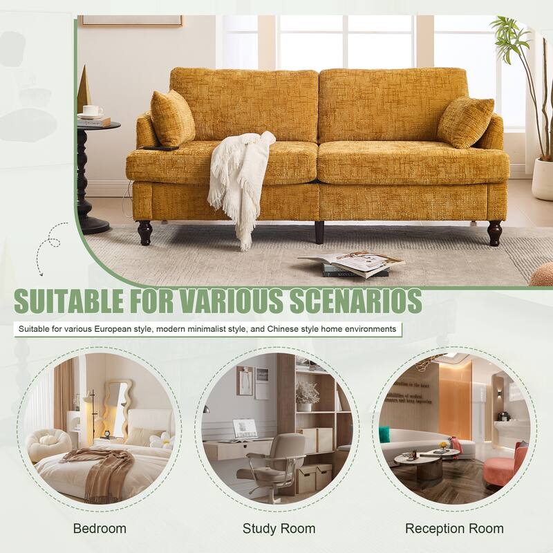Modern Style Chenille 2-Seater Wood-Legged Sofa With Led Light, Usb Charging Port And Storage Bag Living Room Bedroom Study Room