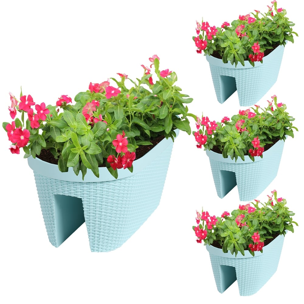 Aoodor 20'' Outdoor Balcony Railing PP Plastic Flower Pots - 4-Piece Set with Two Drainage Holes and Adjustable Brackets