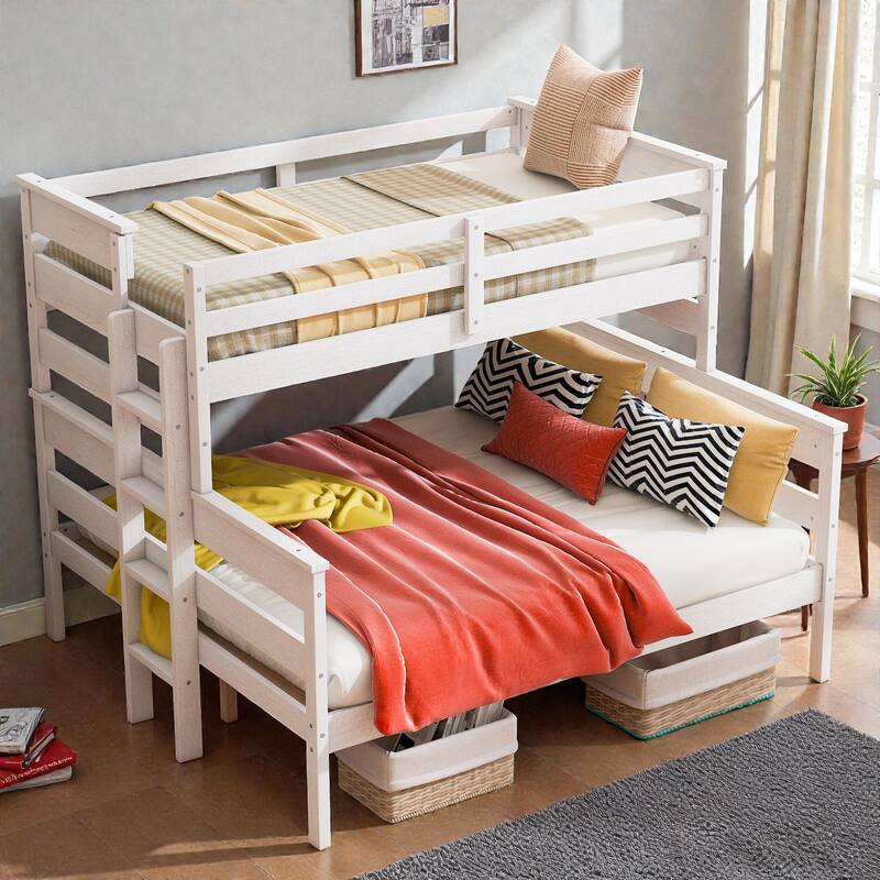 Wood Twin XL over Queen Bunk Bed with Ladder, Solid Pine Detachable Bunk Frame with Guardrails and Slat Support - White - Queen