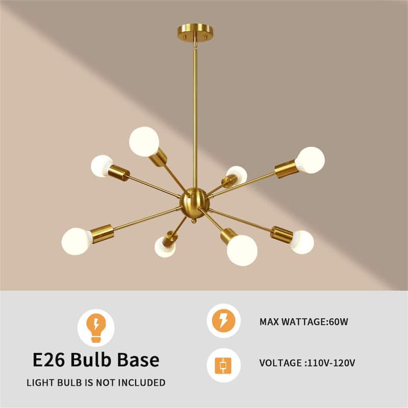 8-Light Mid-Century Modern Sputnik Chandelier in Brushed Brass