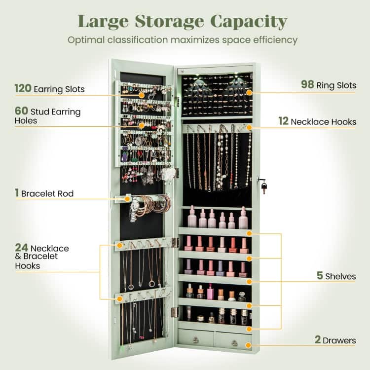 LED Lights Wall and Door Mounted Jewelry Storage Lockable Cabinet with Full Length Mirror - 14" x 4" x 54.5" (L x W x H)
