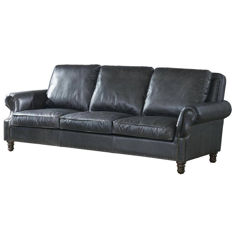 English Rolled Arm Sofa - Leather - Slate