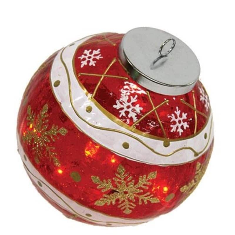 Red, White and Gold Glass Ornament with Snowflake Details and Warm Glow for Holiday Decoration - 6"L x 6"W x 6"H