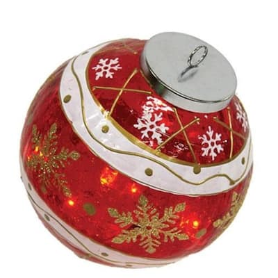 Red, White and Gold Glass Ornament with Snowflake Details and Warm Glow for Holiday Decoration - 6"L x 6"W x 6"H