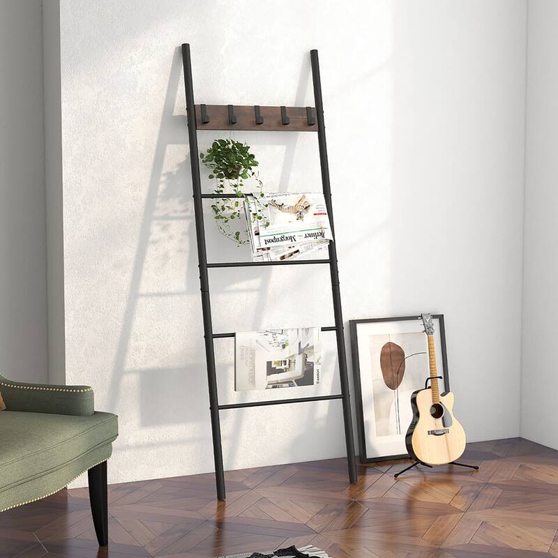 Gymax 5-Tier Ladder Shelf Wall Leaning Blanket Ladder w/5 Removable