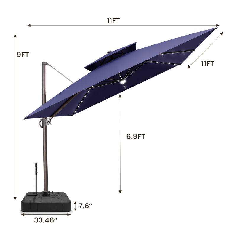 11 FT Square Outdoor Patio Cantilever Umbrella with Solar Lights Rod Wheel Base Double Canopy 360 Rotation Tilt