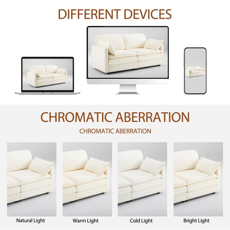 69" Modular 2-Seater Sectional Sofa with 22" Beige Chenille Cushions and 2 Throw Pillows