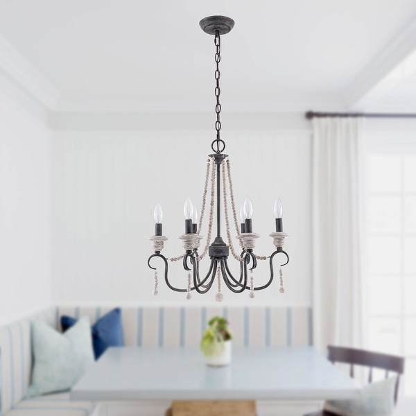 Shop Modern Farmhouse Black 6 Light Wood Beaded Chandelier Overstock 32200766