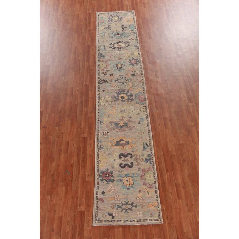 Hand Knotted Oriental 100% Wool Carpet Transitional Floral Beige & Ivories Oushak Runner Rug - 13' 8'' X 2' 7''