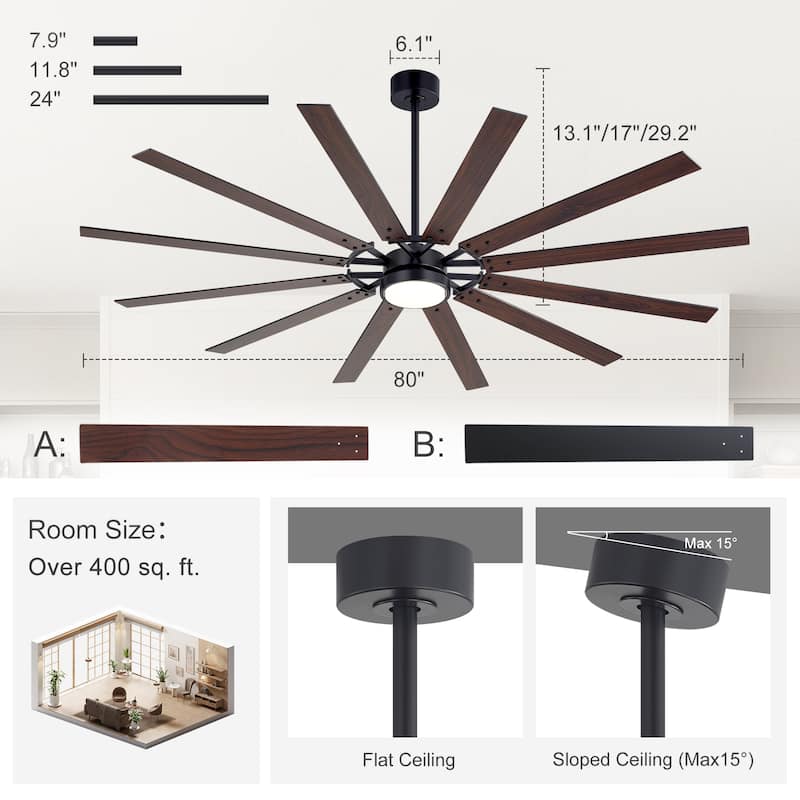 80/72/52/42-IN LED Ceiling Fan with Light Kit and Remote(5/10/12-Blade)