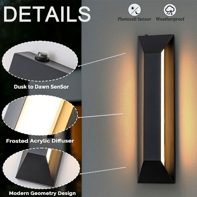 H22" Large Dusk to Dawn Modern Integrated LED Exterior Wall Sconce with Black Trapezoid Design and Acrylic Shade for Garage
