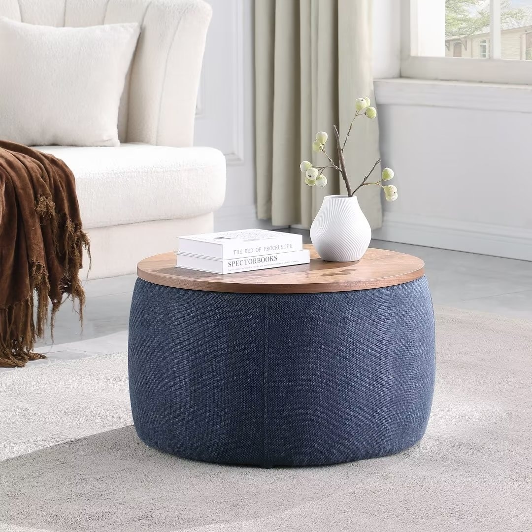 Morden Fort Round Storage Ottomans Linen Footstool with Lid