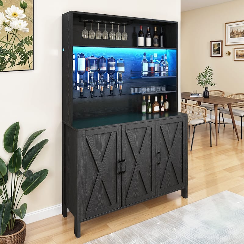 Moasis Farmhouse Bar Cabinet Wine Rack with RGB Light and Power Outlet - 47.2"W - Black