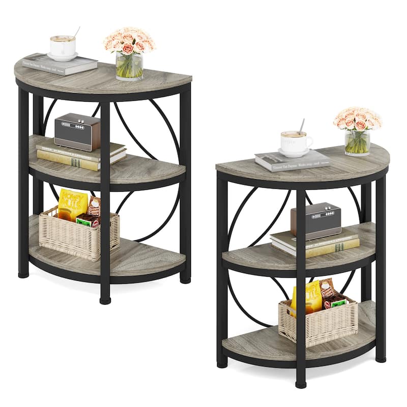3-Tier Half Round End Table with Storage Shelves & Metal Frame - 2-Piece(Grey)