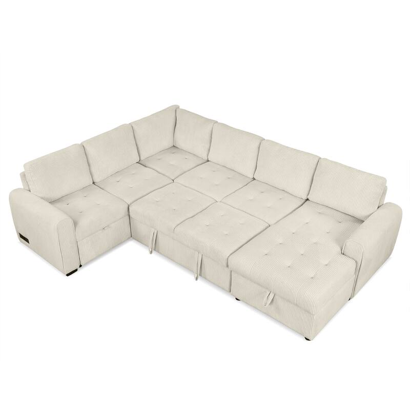 Convertible Sectional Sleeper Sofa with Pull Out Bed, Storage Chaise & Charging Devices, Oversized Corduroy U-Shaped Cloud Sofa