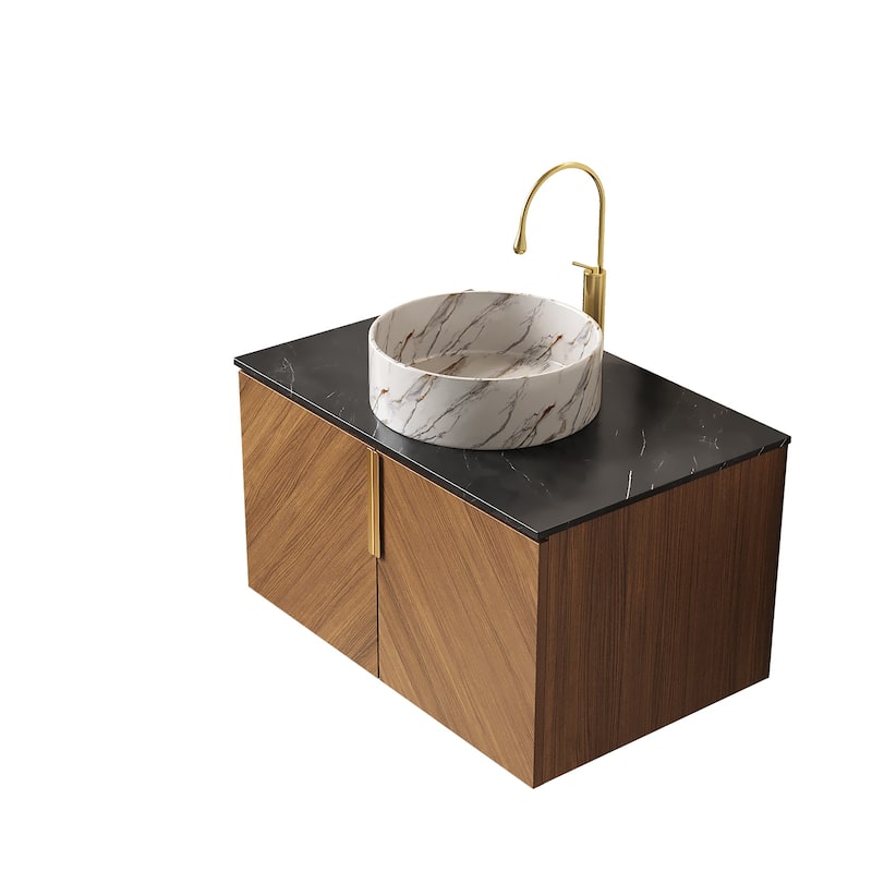 Wall-Mounted Single Sink Bathroom Vanity Cabinet, Countertop Round Ceramic Basin with Stone Pattern, 30 Inch / 60 Inch