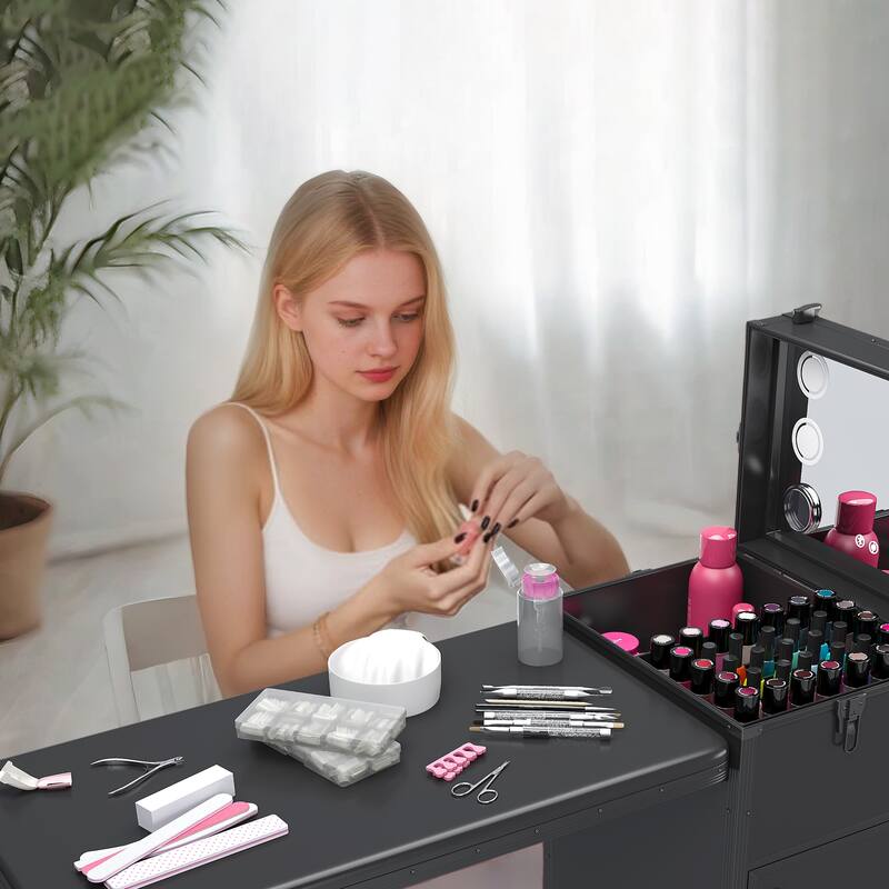 Portable Nail Art Table w/ LED Mirror, Bluetooth, Lockable Drawers, Telescopic Pole - Folding Manicure Station for Salons