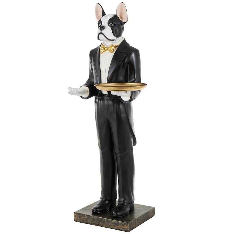 White Resin Floor Waiter Dog Decorative Sculpture with Gold Bow Tie and Plate - 26"W x 26"L x 64"H
