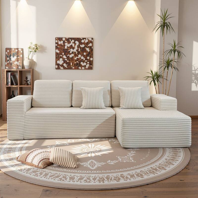Meyreso No Assembly Required Long Plush L-Shaped Sectional Sofa with Round Nesting Coffee Tables